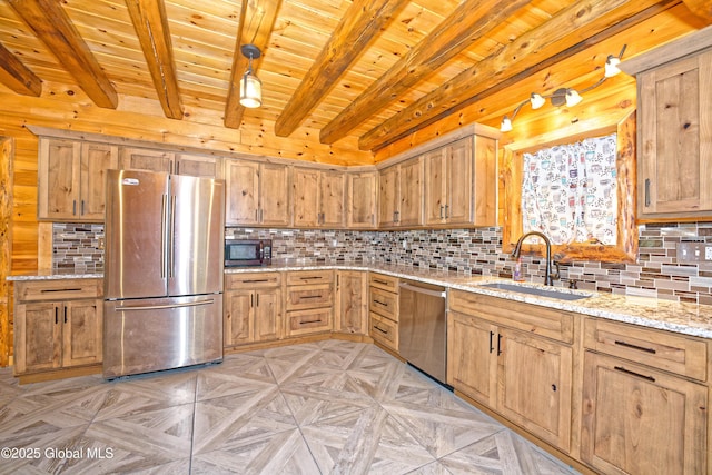 236 Colfax Rd, Jackson, NY 12816 - kitchen featuring appliances with stainless steel finishes, decorative backsplash, a wood ceiling with exposed beams, light stone counters, and light brown cabinets