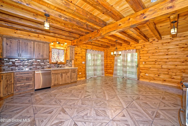 236 Colfax Rd, Jackson, NY 12816 - kitchen featuring stainless steel dishwasher, a wood ceiling with exposed beams, tasteful backsplash, wooden walls, and decorative light fixtures