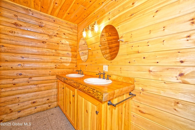 236 Colfax Rd, Jackson, NY 12816 - full bath featuring double vanity, wooden ceiling, wood walls, and granite floors