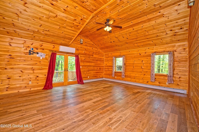 236 Colfax Rd, Jackson, NY 12816 - empty room featuring wooden ceiling, a baseboard radiator, light wood-style flooring, wood walls, and lofted ceiling