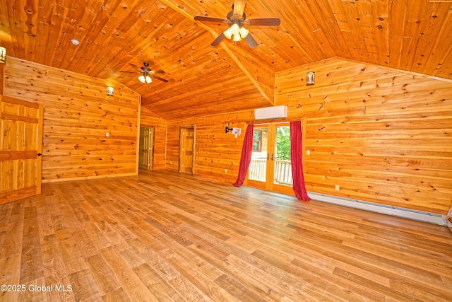 236 Colfax Rd, Jackson, NY 12816 - unfurnished living room with lofted ceiling, a ceiling fan, wood ceiling, wooden walls, and wood finished floors