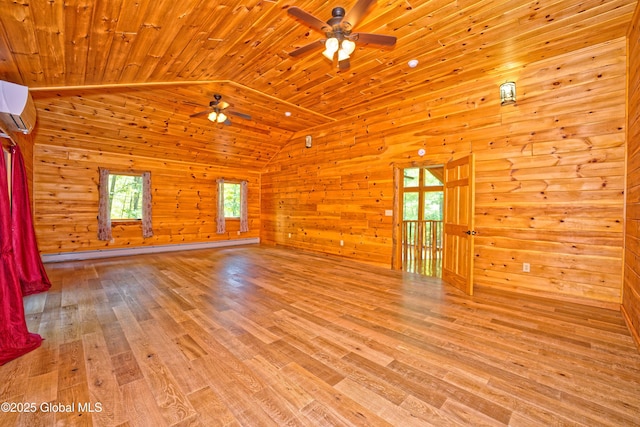 236 Colfax Rd, Jackson, NY 12816 - empty room with a ceiling fan, lofted ceiling, wood walls, healthy amount of natural light, and wood finished floors