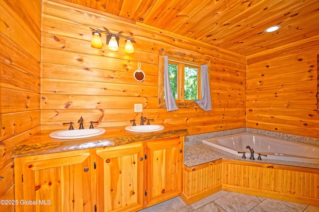 236 Colfax Rd, Jackson, NY 12816 - bathroom featuring a bath, wood ceiling, and double vanity