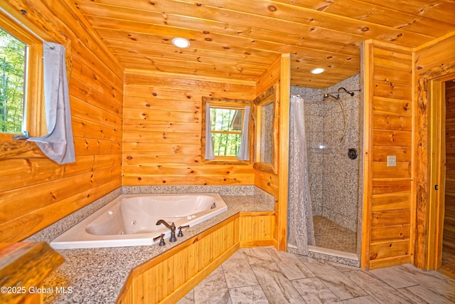 236 Colfax Rd, Jackson, NY 12816 - full bathroom with plenty of natural light, a shower stall, a jetted tub, wooden ceiling, and wood walls