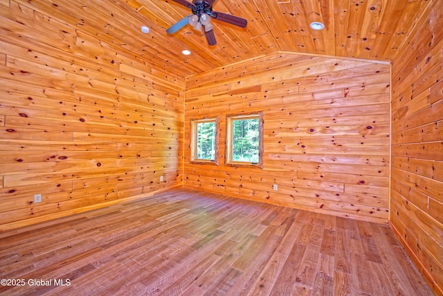236 Colfax Rd, Jackson, NY 12816 - empty room with wooden ceiling, wood walls, lofted ceiling, wood finished floors, and a ceiling fan