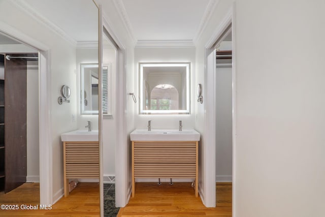 11 Boylston Dr, Bethlehem, NY 12054 - bathroom featuring vanity, wood finished floors, and ornamental molding