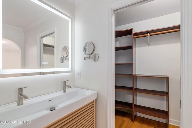 11 Boylston Dr, Bethlehem, NY 12054 - bathroom featuring ornamental molding, wood finished floors, and vanity