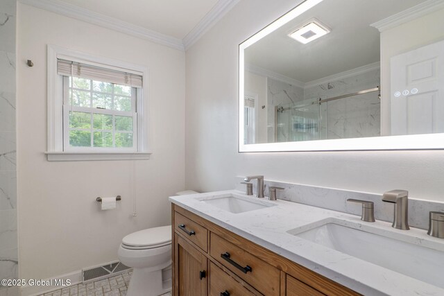 11 Boylston Dr, Bethlehem, NY 12054 - bathroom with a marble finish shower, double vanity, and crown molding