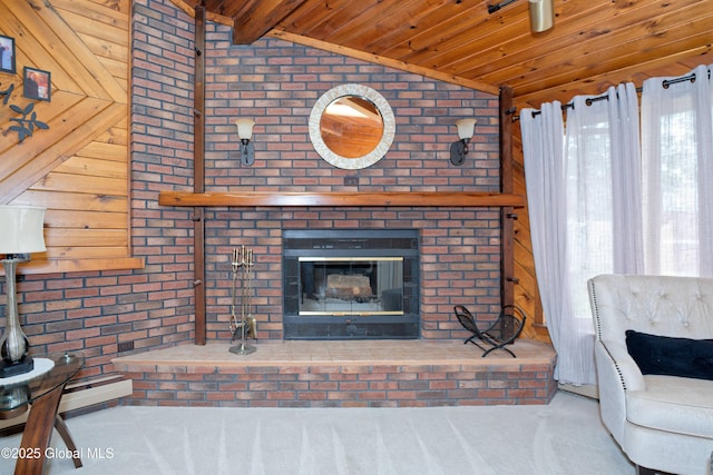 1038 Horvath St, Schenectady, NY 12303 - carpeted living room featuring wood ceiling, vaulted ceiling, a fireplace, and brick wall