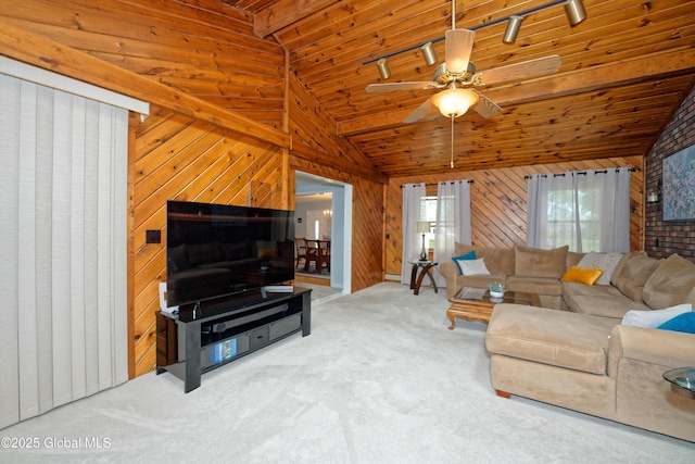 1038 Horvath St, Schenectady, NY 12303 - carpeted living area with wood ceiling, wood walls, lofted ceiling, and ceiling fan