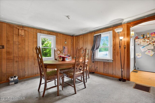 579 Camden Valley Rd, Salem, NY 12873 - dining room with plenty of natural light, light colored carpet, and wood walls