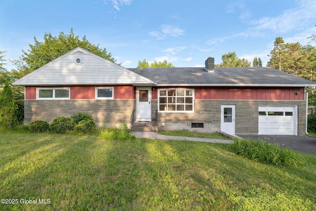 11 Drawbridge Dr, Guilderland, NY 12203 - ranch-style home with an attached garage, a chimney, driveway, and a front lawn