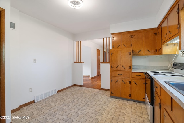11 Drawbridge Dr, Guilderland, NY 12203 - kitchen with white range with electric stovetop, light countertops, brown cabinetry, and under cabinet range hood