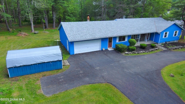 22 Elm Lane Ext, Westerlo, NY 12083 - ranch-style home with driveway, a porch, a front yard, a garage, and a chimney