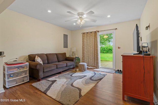 1148 Outer Dr, Rotterdam, NY 12303 - living room featuring ceiling fan, wood finished floors, electric panel, and recessed lighting