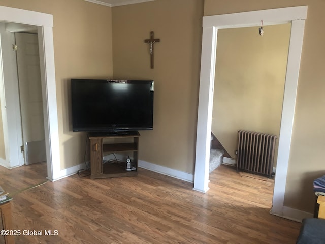 127 N Toll St, Scotia, NY 12302 - living area with radiator, wood finished floors, ornamental molding, and stairs