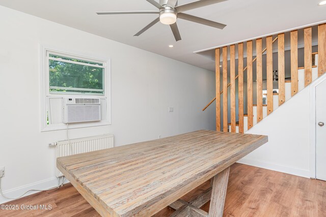 35 Magee Dr, Bethlehem, NY 12077 - dining space with radiator, ceiling fan, light wood-style floors, cooling unit, and recessed lighting