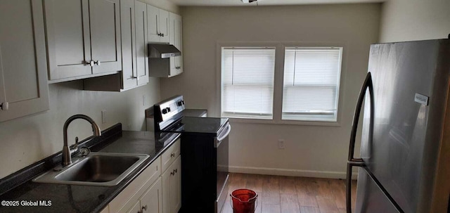 18 Railroad Ave, Berlin, NY 12022 - kitchen with appliances with stainless steel finishes, wood-type flooring, under cabinet range hood, and white cabinetry