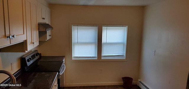 18 Railroad Ave, Berlin, NY 12022 - kitchen with stainless steel range with electric stovetop, extractor fan, white cabinets, and a baseboard radiator