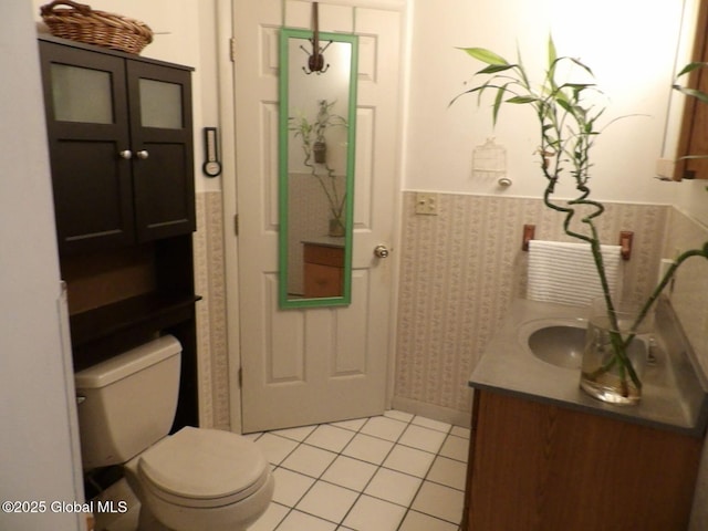 143 Main St, Maryland, NY 12155 - half bathroom featuring vanity, a wainscoted wall, wallpapered walls, and tile patterned flooring