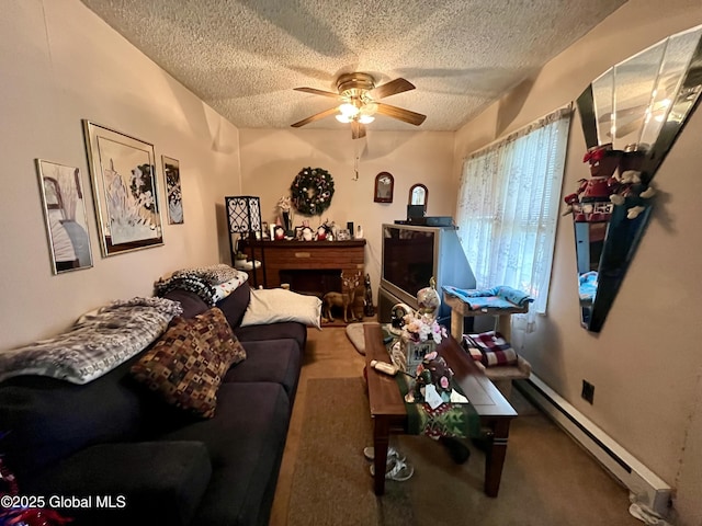 143 Marriott Ave, Schenectady, NY 12304 - living area with a textured ceiling, a ceiling fan, a baseboard radiator, and carpet floors