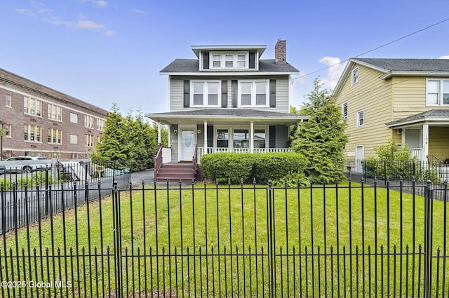 134 Whitehall Rd, Albany, NY 12209 - american foursquare style home featuring covered porch, a chimney, and a shingled roof