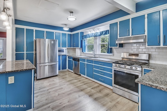 134 Whitehall Rd, Albany, NY 12209 - kitchen featuring appliances with stainless steel finishes, blue cabinetry, and under cabinet range hood