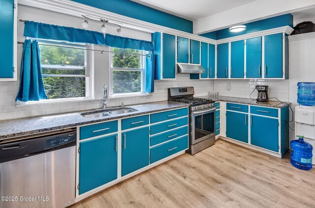 134 Whitehall Rd, Albany, NY 12209 - kitchen with stainless steel appliances, under cabinet range hood, blue cabinetry, and light wood finished floors