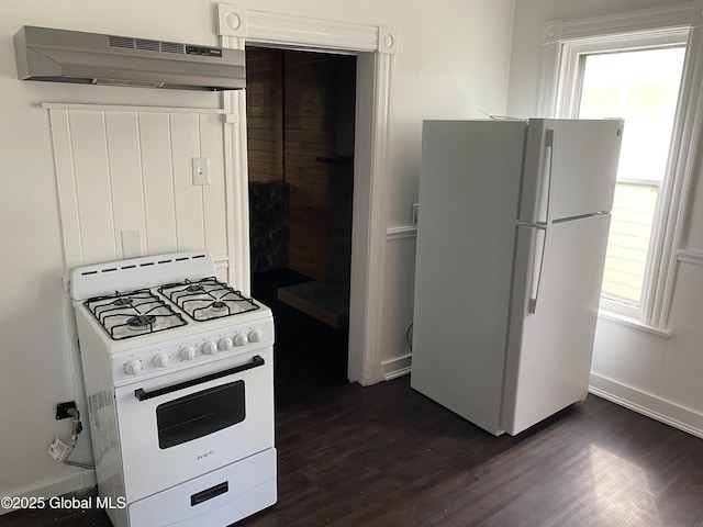 629 Lang St, Schenectady, NY 12308 - kitchen featuring white appliances, range hood, dark wood-style flooring, and healthy amount of natural light