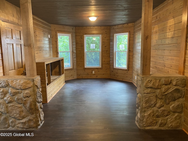 629 Lang St, Schenectady, NY 12308 - unfurnished living room featuring dark wood finished floors, plenty of natural light, wood ceiling, and wooden walls
