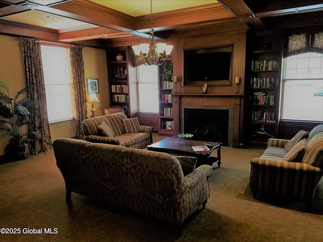 8 Wall St Unit 236, Clifton Park, NY 12065 - carpeted living area with coffered ceiling, a large fireplace, plenty of natural light, a chandelier, and beam ceiling