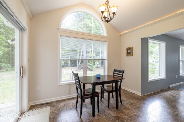 22 Santee Dr, Wilton, NY 12831 - dining area with lofted ceiling, a chandelier, healthy amount of natural light, and dark tile patterned flooring