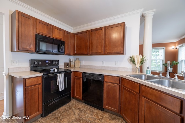 22 Santee Dr, Wilton, NY 12831 - kitchen featuring black appliances, light countertops, crown molding, and brown cabinets