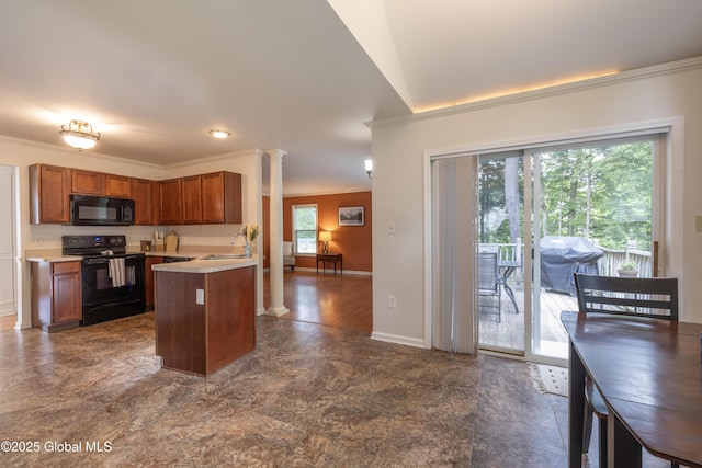 22 Santee Dr, Wilton, NY 12831 - kitchen with black appliances, ornamental molding, decorative columns, brown cabinets, and light countertops