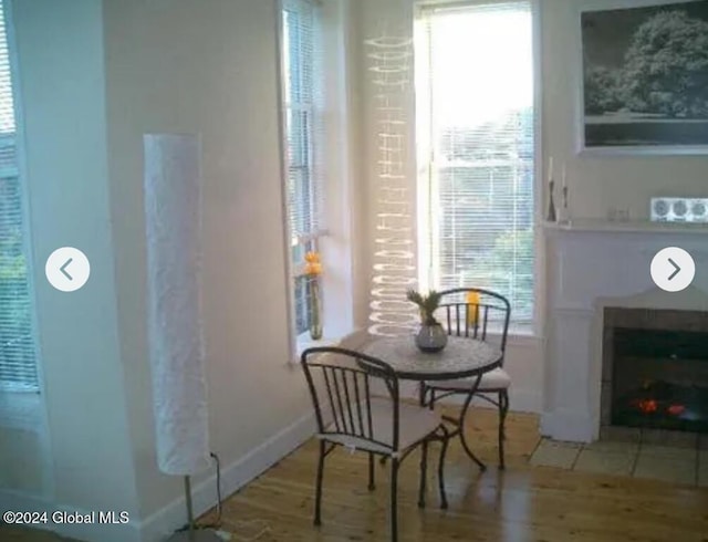 57 Dove St, Albany, NY 12210 - dining space with wood finished floors, healthy amount of natural light, and a fireplace with flush hearth