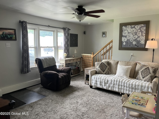 185 Butler St, Schenectady, NY 12303 - living room featuring ceiling fan, stairs, and carpet