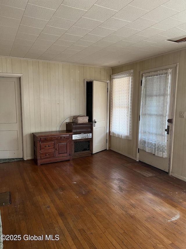 13 Wheeler, Canajoharie Village, NY 13317 - unfurnished living room with healthy amount of natural light, dark wood-style flooring, and wood walls
