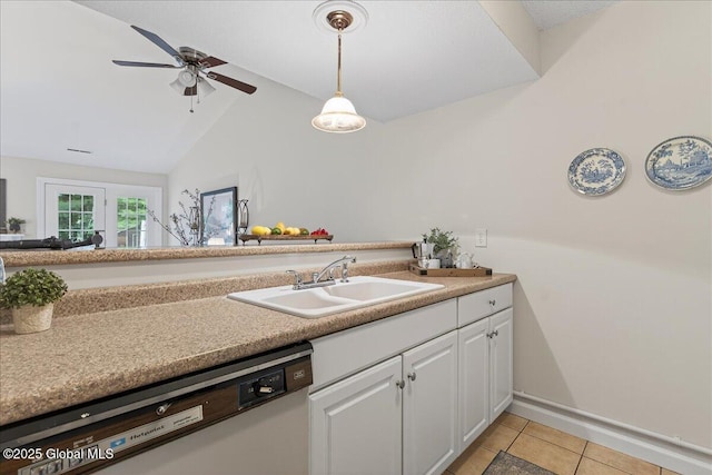 16 Whispering Pines Rd, Wilton, NY 12831 - kitchen featuring dishwasher, white cabinetry, light tile patterned floors, ceiling fan, and pendant lighting