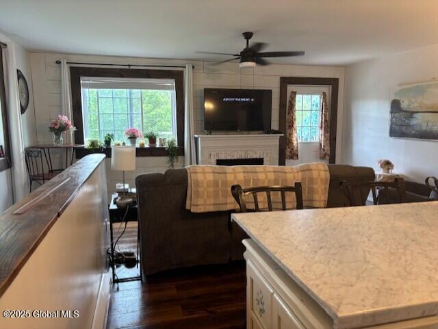 600 State Highway 309, Gloversville, NY 12078 - living room with dark wood finished floors, a ceiling fan, and a fireplace