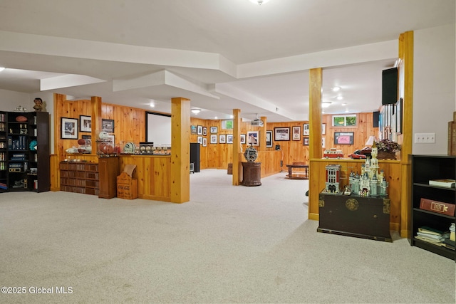 428 Ridgehill Rd, Guilderland, NY 12303 - living room featuring wooden walls and carpet floors