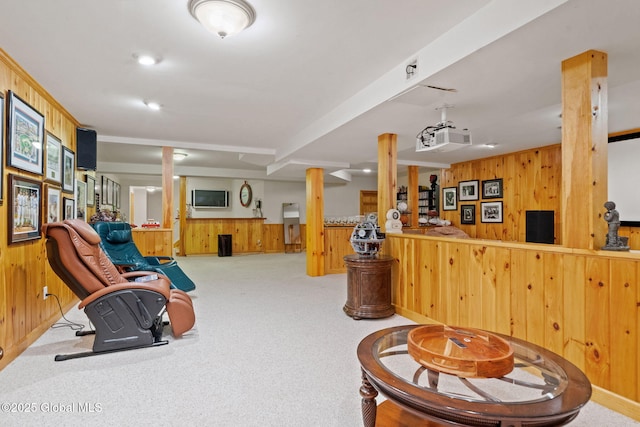 428 Ridgehill Rd, Guilderland, NY 12303 - living area with wooden walls, bar, carpet, and a wainscoted wall