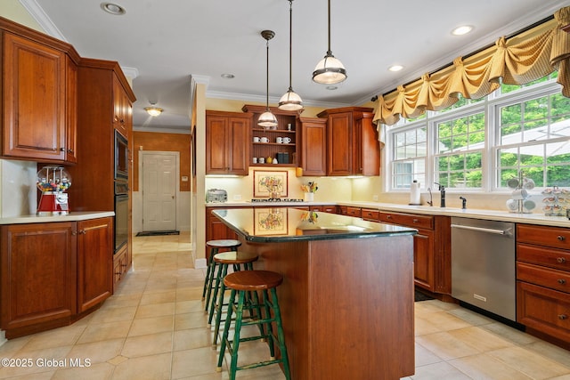 428 Ridgehill Rd, Guilderland, NY 12303 - kitchen with stainless steel appliances, ornamental molding, open shelves, a breakfast bar area, and a kitchen island