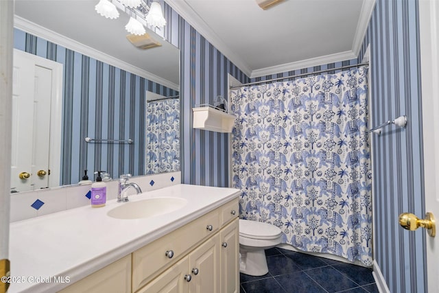 428 Ridgehill Rd, Guilderland, NY 12303 - bathroom featuring vanity, tile patterned flooring, wallpapered walls, crown molding, and curtained shower