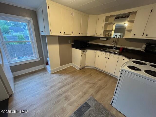 27 Emery Ave, Colonie, NY 12205 - kitchen featuring white electric range oven, open shelves, light wood-type flooring, white cabinets, and dark countertops
