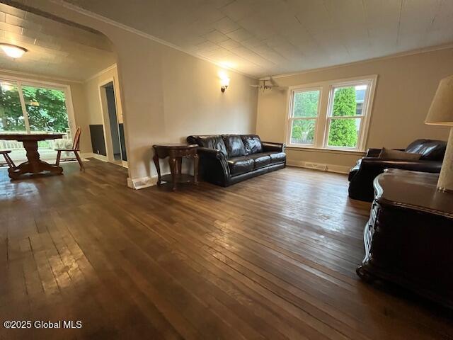 27 Emery Ave, Colonie, NY 12205 - living area with crown molding, plenty of natural light, dark wood-type flooring, and arched walkways