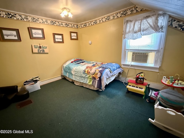 252 Main St, Hudson Falls, NY 12839 - carpeted bedroom featuring cooling unit, vaulted ceiling, and a baseboard heating unit
