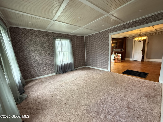 252 Main St, Hudson Falls, NY 12839 - carpeted empty room featuring a chandelier, wallpapered walls, wood ceiling, and coffered ceiling