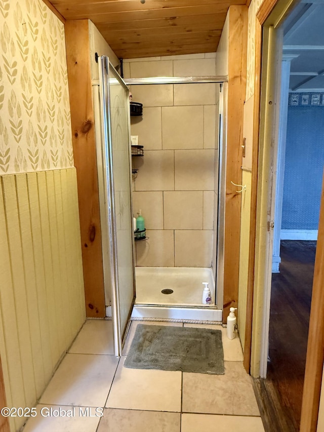 252 Main St, Hudson Falls, NY 12839 - bathroom with a stall shower, tile patterned floors, and wooden ceiling