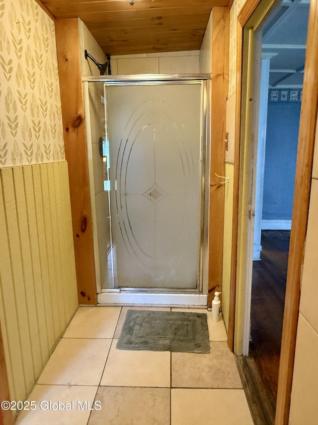 252 Main St, Hudson Falls, NY 12839 - full bathroom featuring a stall shower, tile patterned flooring, and wood ceiling