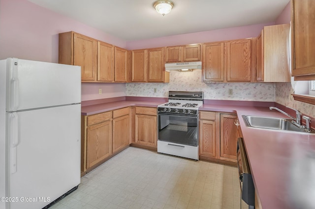 20 Lafayette Park, Green Island, NY 12183 - kitchen with freestanding refrigerator, gas range, under cabinet range hood, light floors, and dishwasher